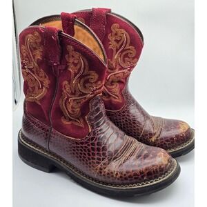Ariat Kids Fatbaby Cowgirl Boots Maroon Snake Print Suede 10012558 Size 8.5B